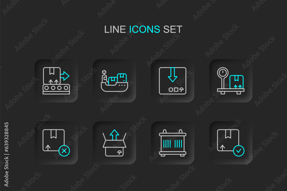 Set line Carton cardboard box, Container, Unboxing, Scale with, Cargo ship boxes delivery and Conveyor belt icon. Vector Set line Carton cardboard box, Container, Unboxing, Scale with, Cargo ship boxes delivery and Conveyor belt icon. Vector