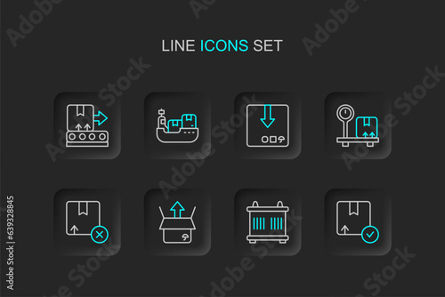 Set line Carton cardboard box, Container, Unboxing, Scale with, Cargo ship boxes delivery and Conveyor belt icon. Vector