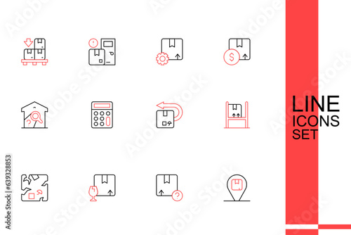Set line Location with cardboard box, Carton, Package fragile content, Broken, Warehouse interior boxes, Return, Calculator and check icon. Vector