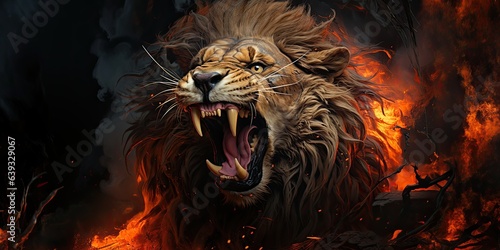 Abstract art with lion roaring on fire. Generative AI