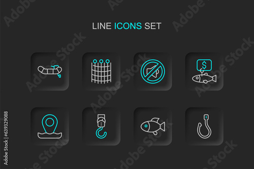 Set line Fishing hook, Spring scale, Location fishing, Price tag for, Speaker mute, net pattern and Inflatable boat with motor icon. Vector