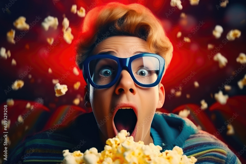 Close-Up of Astonished Man in 3D Glasses Enjoying Movie Night