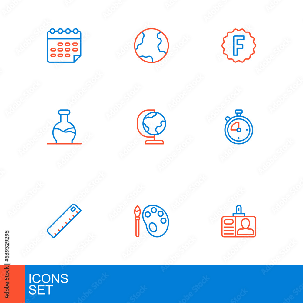 Set line Identification badge, Paint brush with palette, Ruler, Stopwatch, Test tube, Earth globe, Exam paper incorrect answers and icon. Vector Set line Identification badge, Paint brush with palette, Ruler, Stopwatch, Test tube, Earth globe, Exam paper incorrect answers and icon. Vector