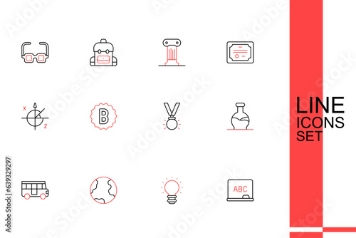 Set line Chalkboard, Creative lamp light idea, Earth globe, School Bus, Test tube, Medal, Exam paper with incorrect answers and Trigonometric circle icon. Vector