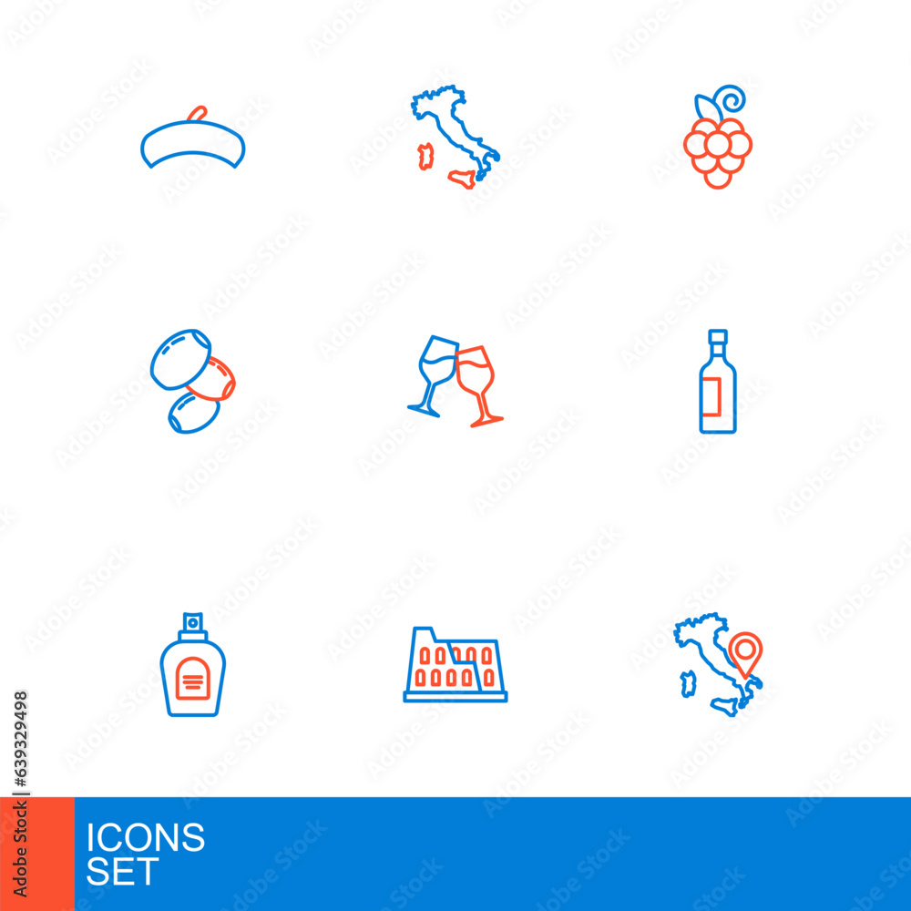 Set line Map of Italy, Coliseum, Perfume, Bottle wine, Olives, Wine glass, Grape fruit and icon. Vector
