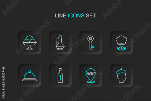 Set line French man, Carnival mask, Bottle of wine, Covered with tray food, Italian cook, Old key, olive oil and Ice cream the bowl icon. Vector