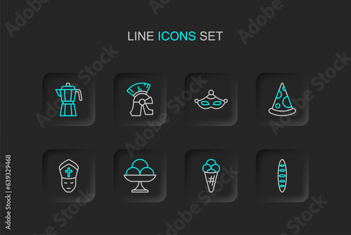 Set line French baguette bread, Ice cream in waffle, the bowl, Pope, Slice of pizza, Carnival mask, Roman army helmet and Coffee maker moca pot icon. Vector