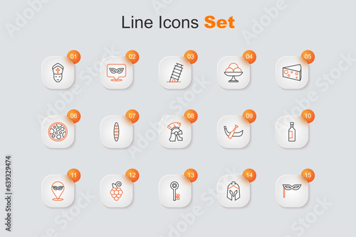 Set line Carnival mask, Roman army helmet, Old key, Grape fruit, Bottle of wine, Gondola boat and icon. Vector