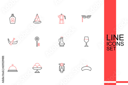 Set line French beret, Scooter, Ice cream in the bowl, Covered with tray of food, Wine glass, Bottle olive oil, Old key and Gondola boat icon. Vector