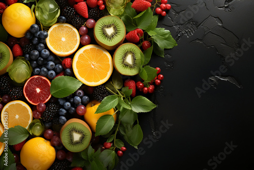 Background surrounded by fruits  Free space for your text. AI generative