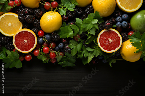 Background surrounded by fruits  Free space for your text. AI generative