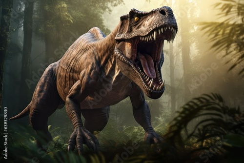 Tyrannosaurus Rex roaring in forest  T-rex Jurassic prehistoric animal