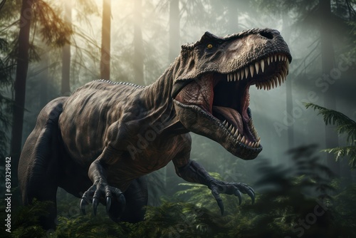 Tyrannosaurus Rex roaring in forest, T-rex Jurassic prehistoric animal © Mohammad