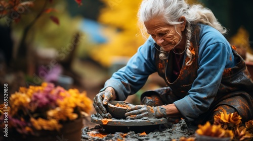 old woman molding the clay on a potter‘s wheel