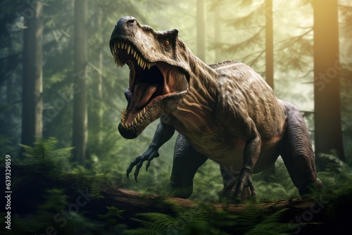 Tyrannosaurus Rex roaring in forest, T-rex Jurassic prehistoric animal
