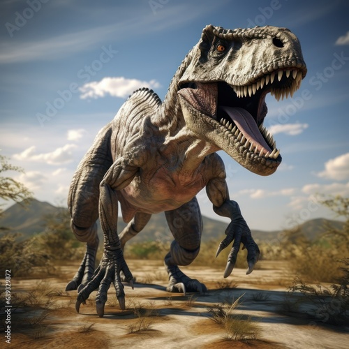 Tyrannosaurus Rex running towards prey and roaring, T-rex Jurassic prehistoric animal © Mohammad