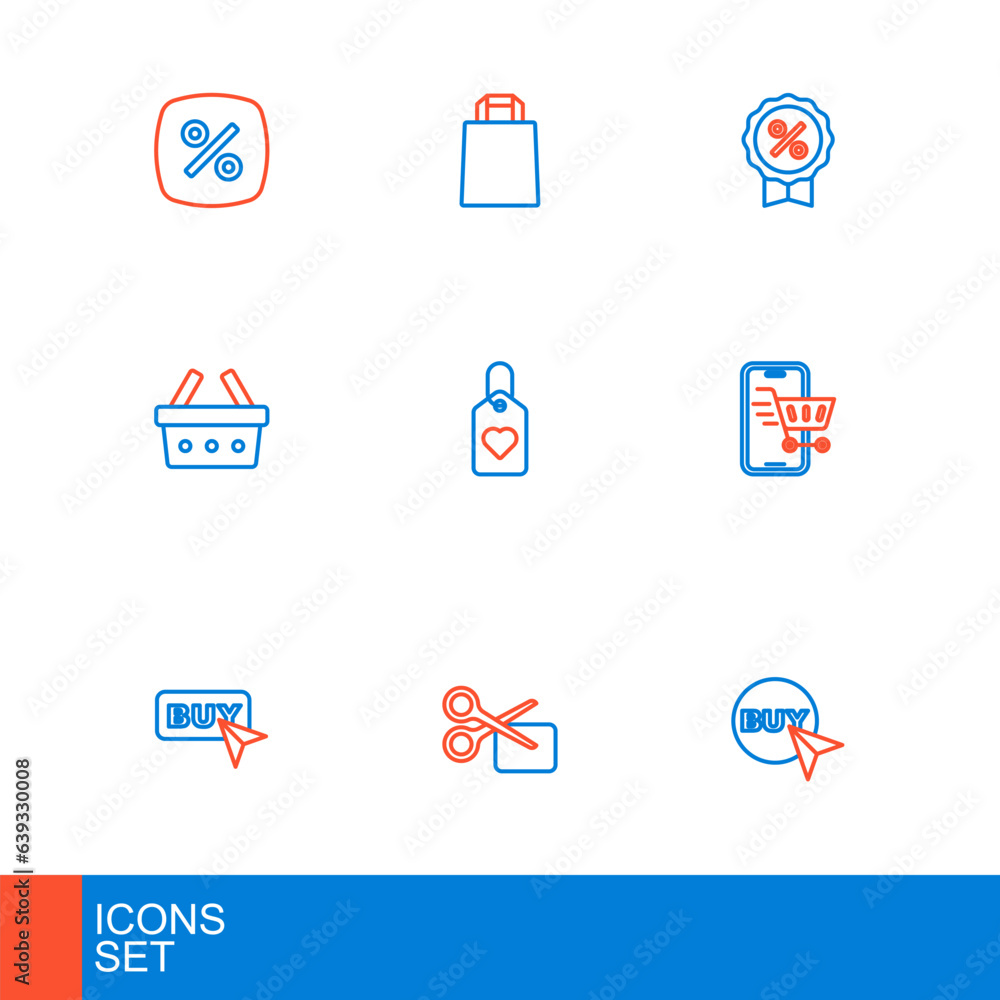 Set line Buy button, Scissors cuts discount coupon, Mobile with shopping cart, Shopping basket, Heart tag, Discount percent and Paper bag icon. Vector