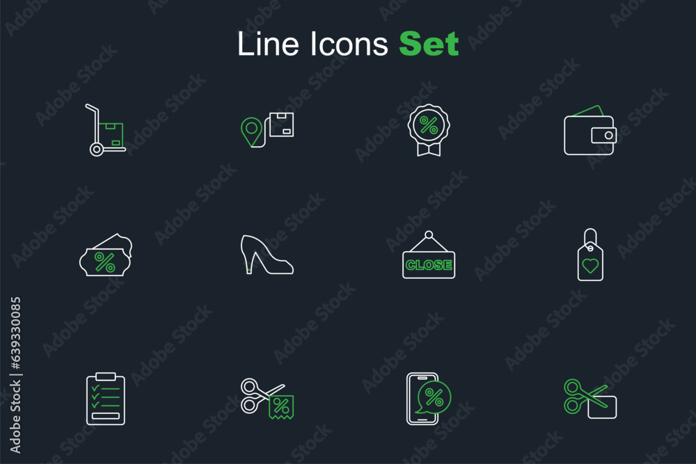Set line Scissors cuts discount coupon, Percent phone, Clipboard with checklist, Heart tag, Hanging sign text Closed, Woman shoe and Discount percent icon. Vector Set line Scissors cuts discount coupon, Percent phone, Clipboard with checklist, Heart tag, Hanging sign text Closed, Woman shoe and Discount percent icon. Vector