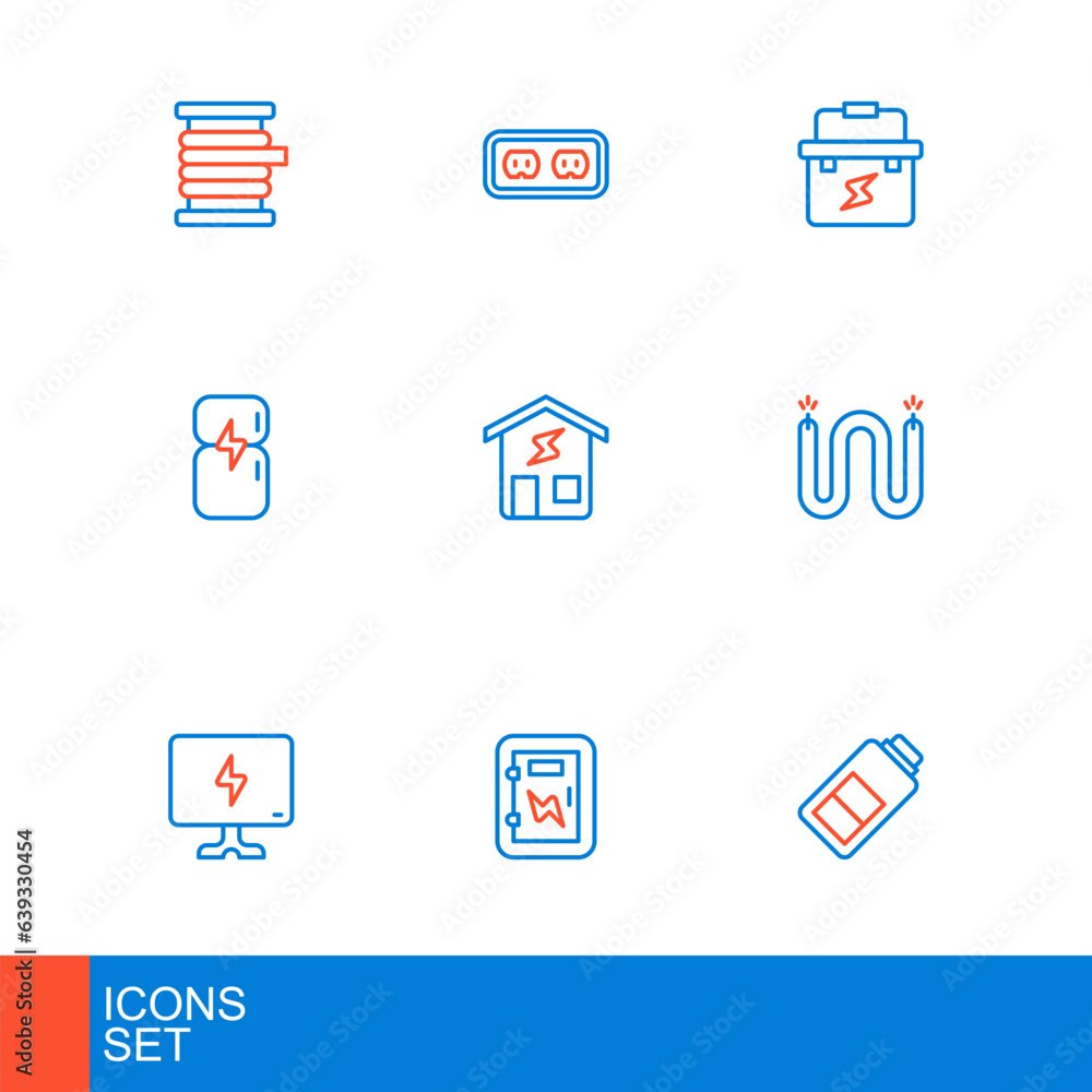 Set line Battery charge, Electrical panel, Smart Tv, cable, Refrigerator, home, Toolbox electrician and outlet icon. Vector Set line Battery charge, Electrical panel, Smart Tv, cable, Refrigerator, home, Toolbox electrician and outlet icon. Vector