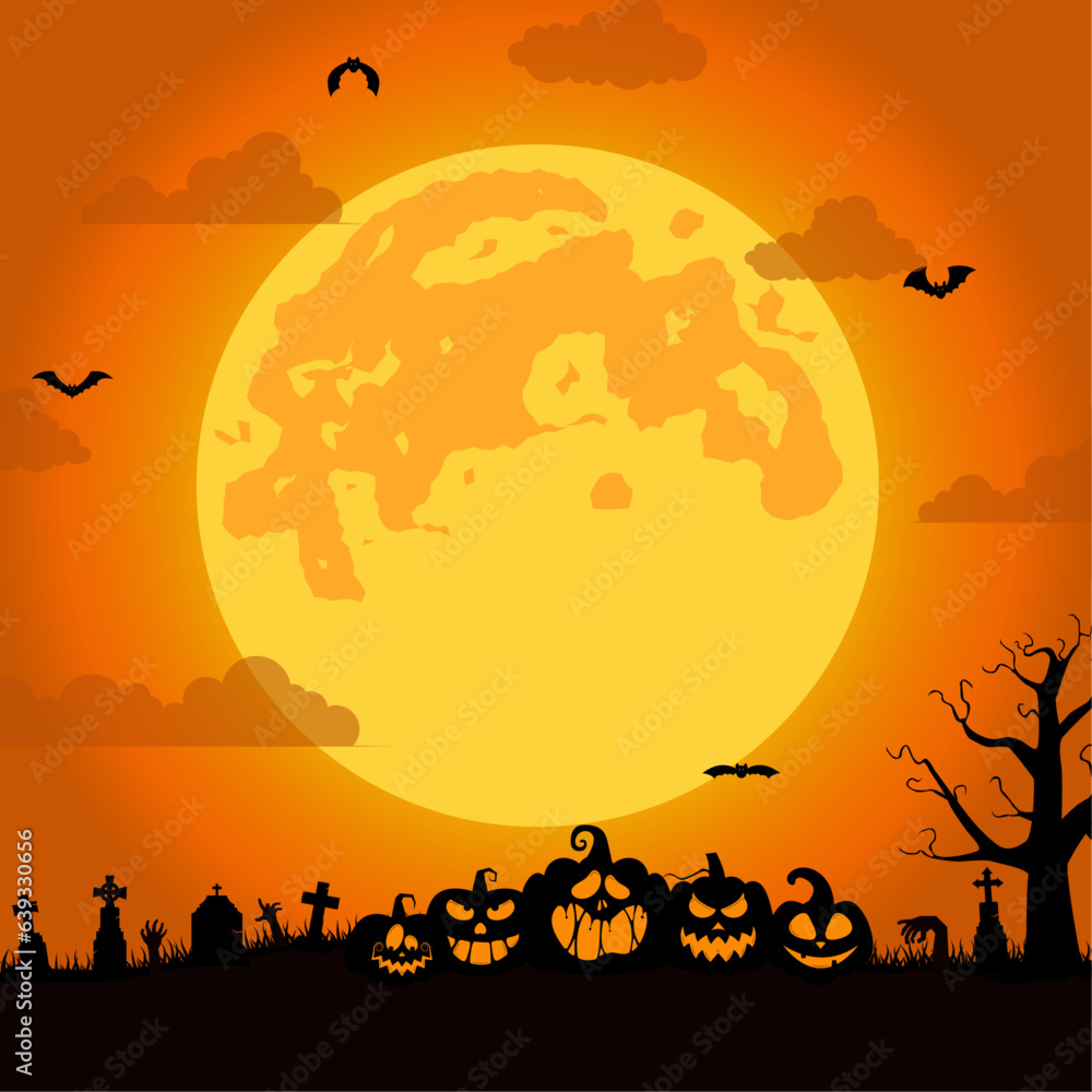 halloween background with pumpkins, spooky tree, vintage haunted house, and bats flying over cemetery