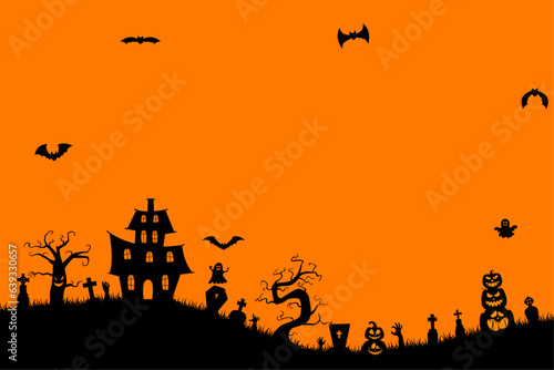 halloween background with pumpkins, spooky tree, vintage haunted house, and bats flying over cemetery