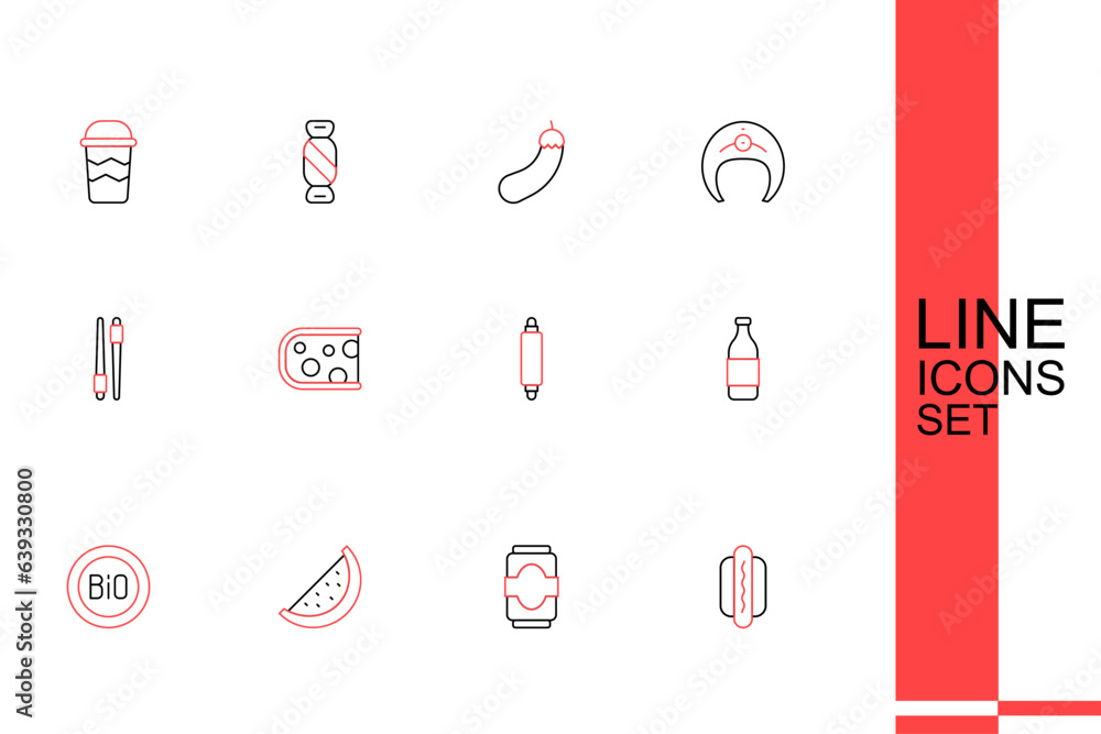 Set line Hotdog, Soda can, Watermelon, Banner for bio, Bottle of wine, Rolling pin, Cheese and Food chopsticks icon. Vector Set line Hotdog, Soda can, Watermelon, Banner for bio, Bottle of wine, Rolling pin, Cheese and Food chopsticks icon. Vector