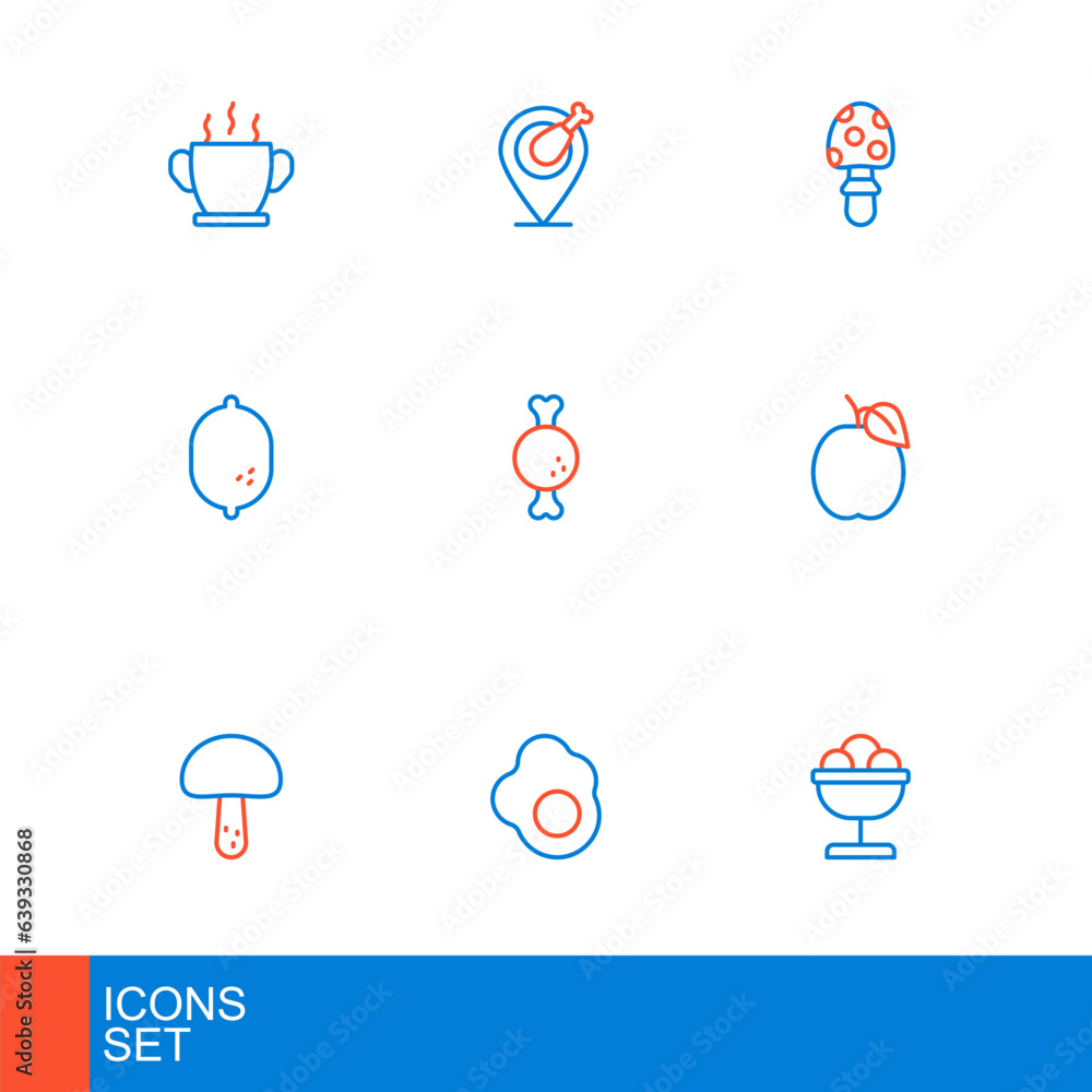 Set line Ice cream in the bowl, Scrambled egg, Mushroom, Plum fruit, Lemon, Chicken leg, Fly agaric mushroom and icon. Vector Set line Ice cream in the bowl, Scrambled egg, Mushroom, Plum fruit, Lemon, Chicken leg, Fly agaric mushroom and icon. Vector
