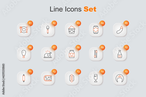 Set line Fish steak, Wine glass, Hotdog, Cheese, Rolling pin, Sauce bottle, Food chopsticks and Jam jar icon. Vector