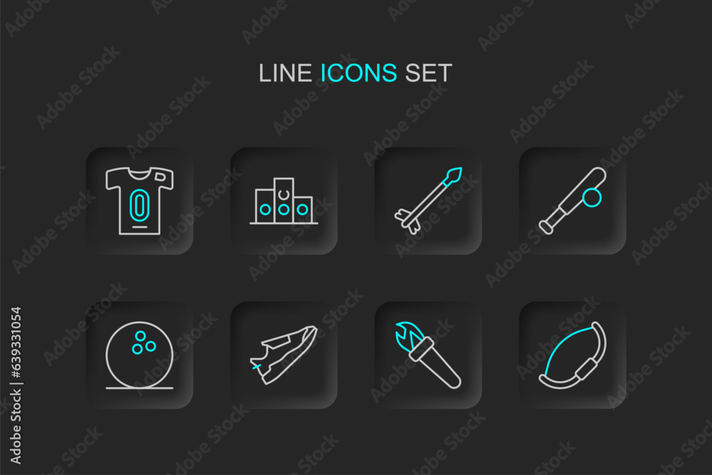 Set line Medieval bow, Torch flame, Fitness sneakers shoes, Bowling ball, Baseball bat with, arrows, Award over sports winner podium and Football jersey and t-shirt icon. Vector Set line Medieval bow, Torch flame, Fitness sneakers shoes, Bowling ball, Baseball bat with, arrows, Award over sports winner podium and Football jersey and t-shirt icon. Vector