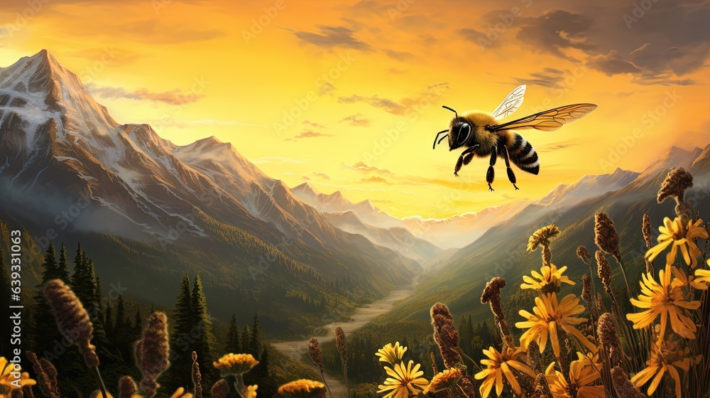 Obraz premium a painting of a bee flying over a mountain valley with flowers. generative ai