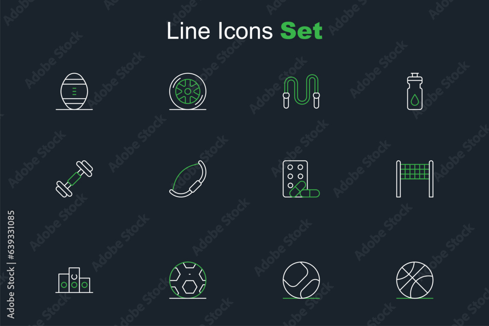 Set line Basketball ball, Baseball, Soccer football, Award over sports winner podium, Volleyball net, Sports doping with dumbbell, Medieval bow and Dumbbell icon. Vector Set line Basketball ball, Baseball, Soccer football, Award over sports winner podium, Volleyball net, Sports doping with dumbbell, Medieval bow and Dumbbell icon. Vector