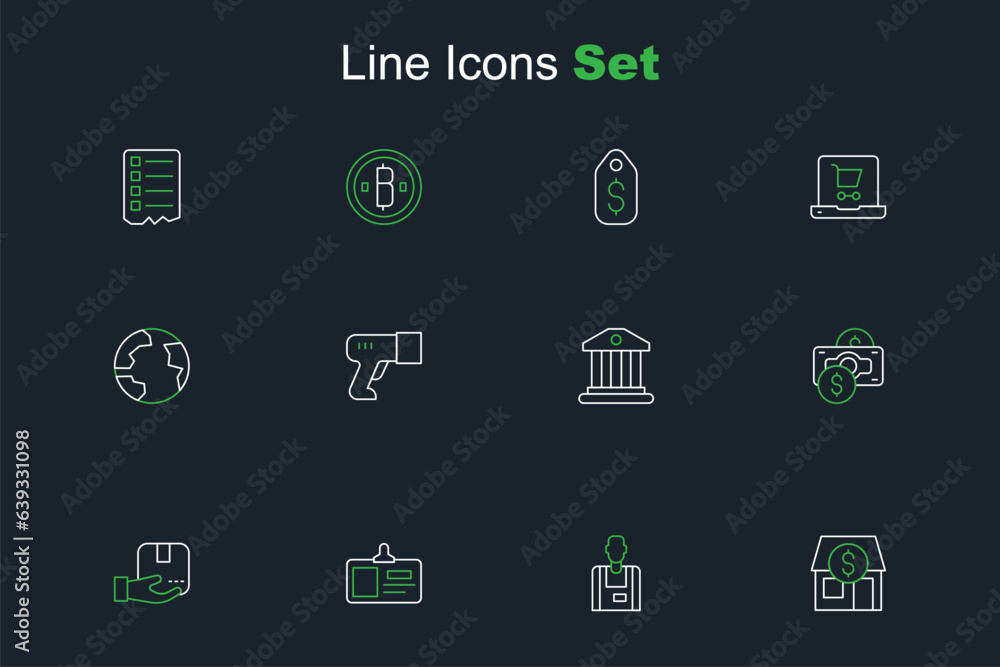 Set line Market store, Seller, Identification badge, Delivery hand with box, Stacks paper money cash, Bank building, Scanner scanning bar code and Worldwide icon. Vector Set line Market store, Seller, Identification badge, Delivery hand with box, Stacks paper money cash, Bank building, Scanner scanning bar code and Worldwide icon. Vector