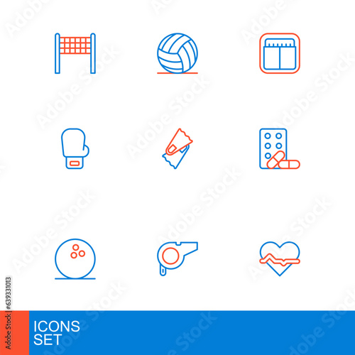 Set line Heart rate, Whistle, Bowling ball, Sports doping with dumbbell, Boxing glove, Flippers for swimming, mechanical scoreboard and Volleyball icon. Vector