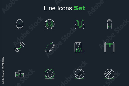 Set line Basketball ball, Baseball, Soccer football, Award over sports winner podium, Volleyball net, Sports doping with dumbbell, Medieval bow and Dumbbell icon. Vector