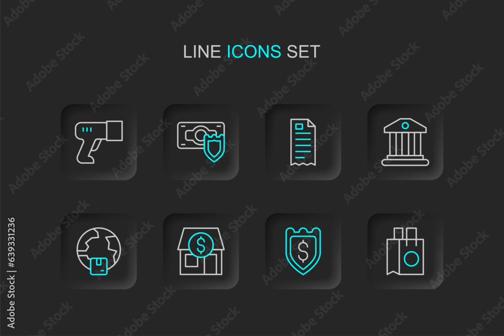 Set line Paper shopping bag, Shield with dollar, Market store, Worldwide shipping, Bank building, Financial check, Money shield and Scanner scanning bar code icon. Vector Set line Paper shopping bag, Shield with dollar, Market store, Worldwide shipping, Bank building, Financial check, Money shield and Scanner scanning bar code icon. Vector