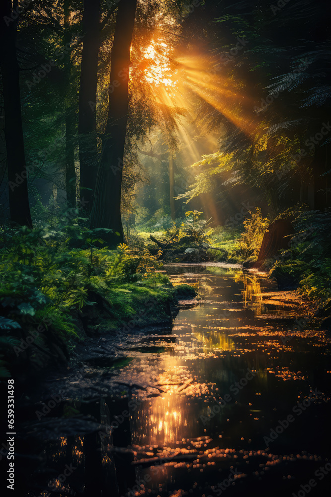Fototapeta premium Beautiful fairy tale enchanted forest, magical fantasy scenery with big trees and greenery.