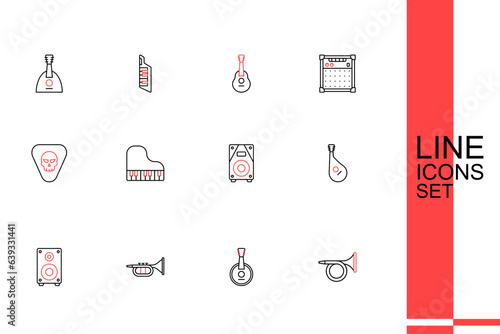 Set line Trumpet, Banjo, Stereo speaker, Bandura, Grand piano and Guitar pick icon. Vector