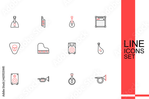 Set line Trumpet  Banjo  Stereo speaker  Bandura  Grand piano and Guitar pick icon. Vector