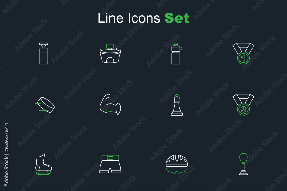 Set line Punching bag, Bicycle helmet, Boxing short, Skates, Medal, Chess, Bodybuilder showing his muscles and Hockey puck icon. Vector Set line Punching bag, Bicycle helmet, Boxing short, Skates, Medal, Chess, Bodybuilder showing his muscles and Hockey puck icon. Vector