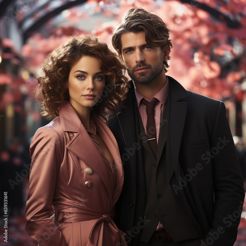 Elegant couple in the pink and black autumn fashionable clothes outdoor