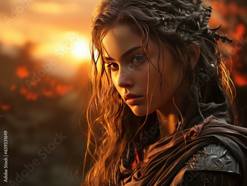 Portrait of epic warrior woman at sunset AI