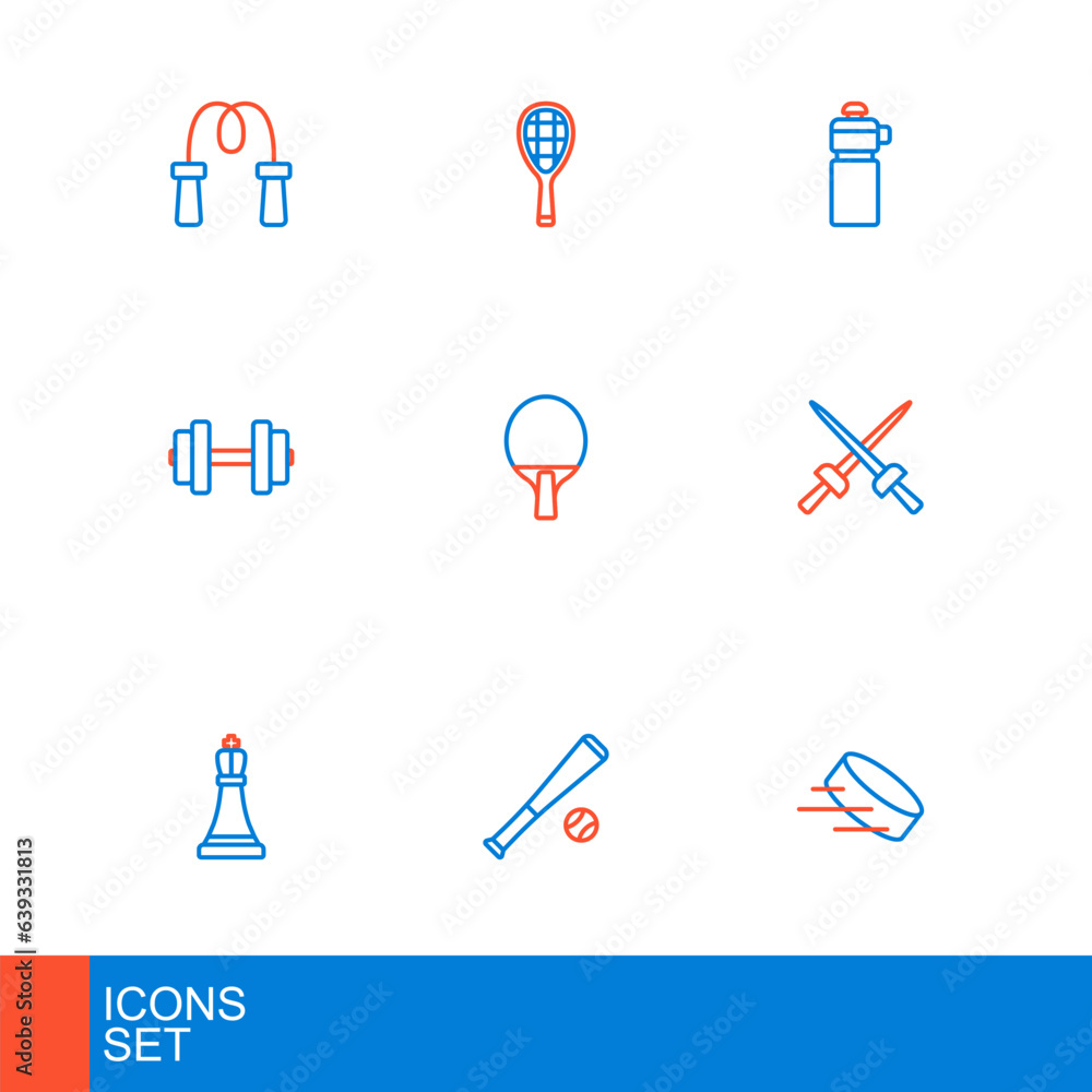Set line Hockey puck, Baseball bat with ball, Chess, Fencing, Dumbbell, Racket, Fitness shaker and Tennis racket icon. Vector Set line Hockey puck, Baseball bat with ball, Chess, Fencing, Dumbbell, Racket, Fitness shaker and Tennis racket icon. Vector