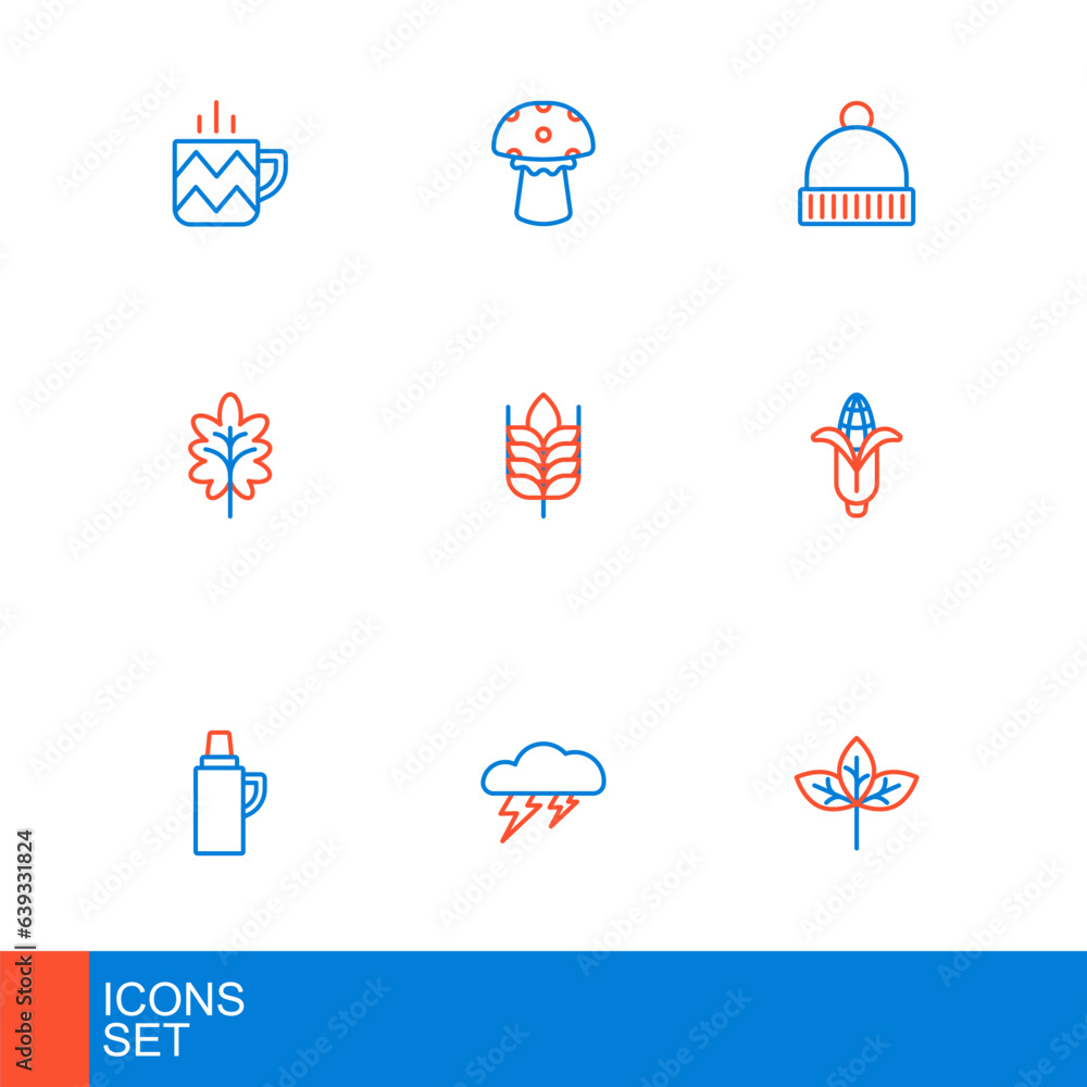Set line Winter hat, Cloud and lightning, Thermos container, Corn, Leaf, Wheat, and Mushroom icon. Vector
