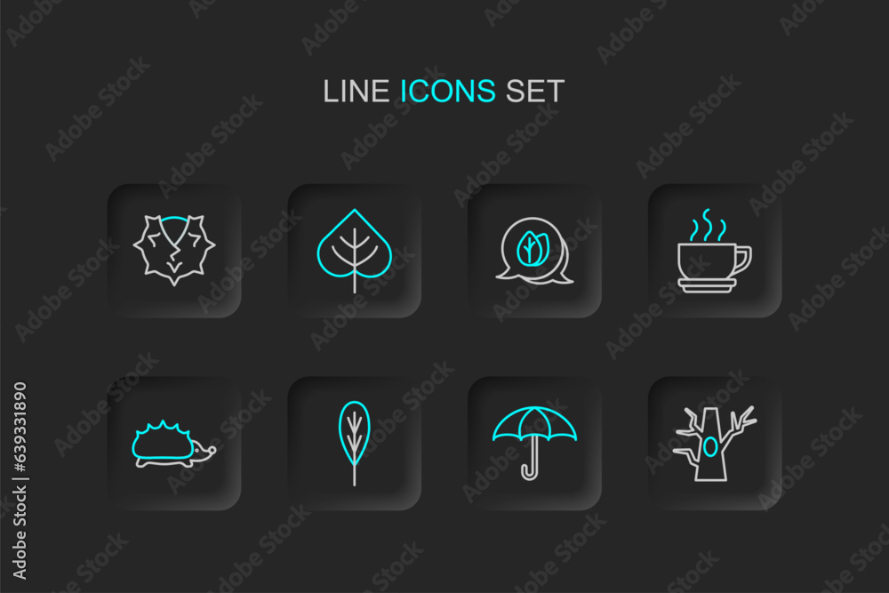 Set line Bare tree, Umbrella, Leaf, Hedgehog, Coffee cup, and Chestnut icon. Vector Set line Bare tree, Umbrella, Leaf, Hedgehog, Coffee cup, and Chestnut icon. Vector