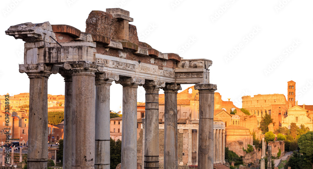 Italy, Rome, Ruins of ancient roman forum isolated on white transparent background, PNG