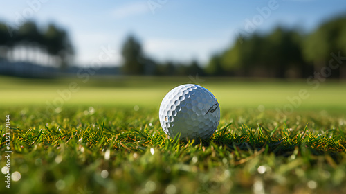 A low angle view of a golf ball on grass 
