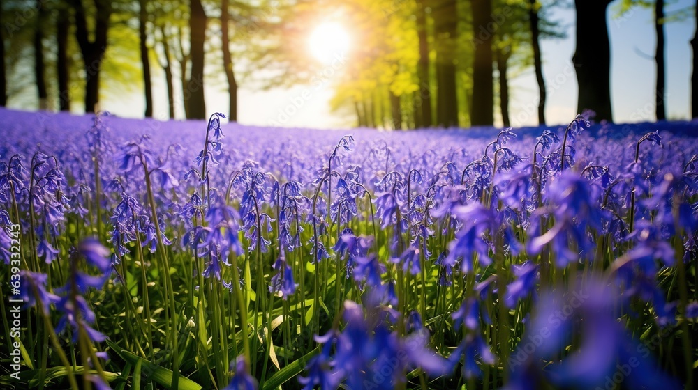 Obraz premium a field full of purple flowers next to a forest of trees. generative ai