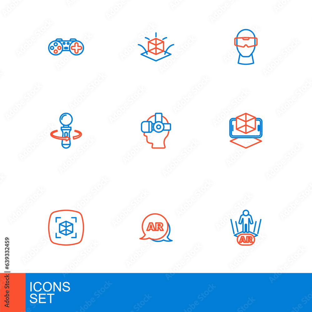 Set line Augmented reality AR, 3d modeling, VR controller game, Virtual glasses, and icon. Vector Set line Augmented reality AR, 3d modeling, VR controller game, Virtual glasses, and icon. Vector