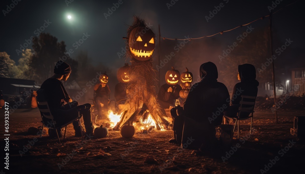 Photo of a gathering of friends enjoying a cozy evening around a warm campfire Photo of a gathering of friends enjoying a cozy evening around a warm campfire