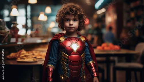 Photo of a young boy dressed as a superhero in a restaurant